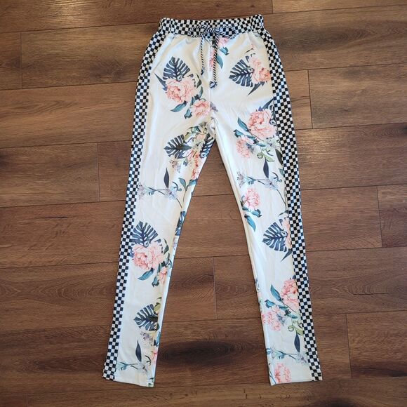 Floral Checkered Stripe Elastic Waist Pants Pull On Pockets Hot & Delicious NEW - Picture 8 of 15